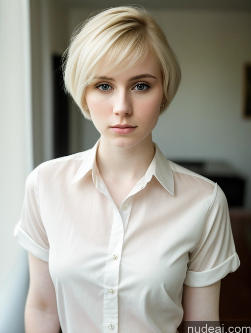 ai nude image of blond woman with short hair wearing a white shirt and jeans pics of Woman Beautiful Fairer Skin 18 Blonde Pixie Russian Shirt Serious