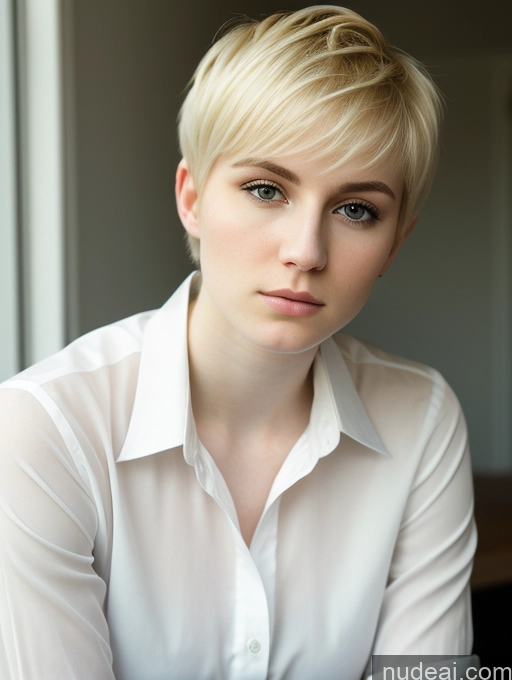 ai nude image of blond woman with short hair wearing a white shirt and looking at the camera pics of Woman Beautiful Fairer Skin 18 Serious Blonde Pixie Russian Shirt