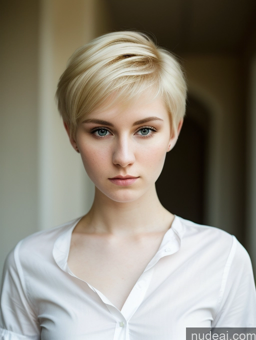 ai nude image of blond woman with short hair wearing white shirt and looking at camera pics of Woman Beautiful Fairer Skin 18 Serious Blonde Pixie Russian Shirt