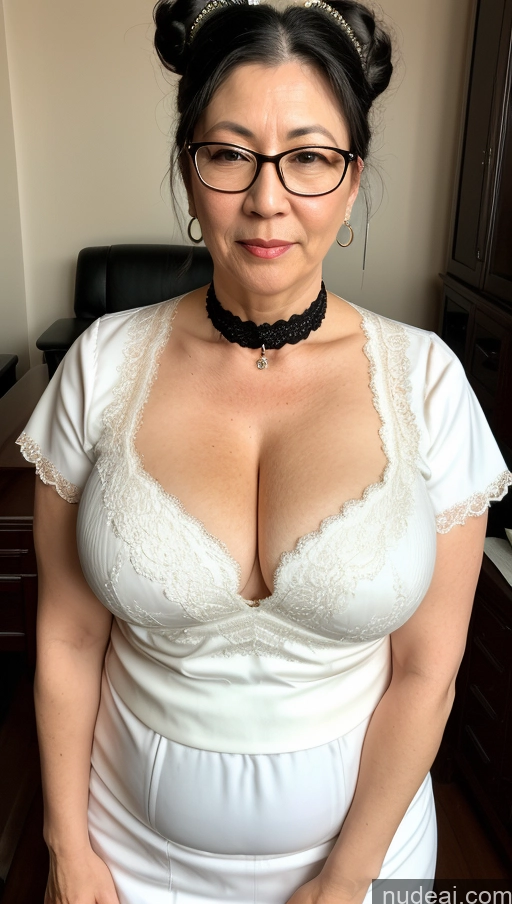 ai nude image of there is a woman in a white dress posing for a picture pics of Milf One Busty Big Hips Pubic Hair Fairer Skin Glasses 50s Asian Hair Bun Choker Black Hair Traditional