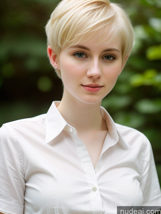 ai nude image of blond woman with short hair wearing white shirt and earrings pics of Woman Beautiful Fairer Skin 18 Blonde Pixie Russian Shirt