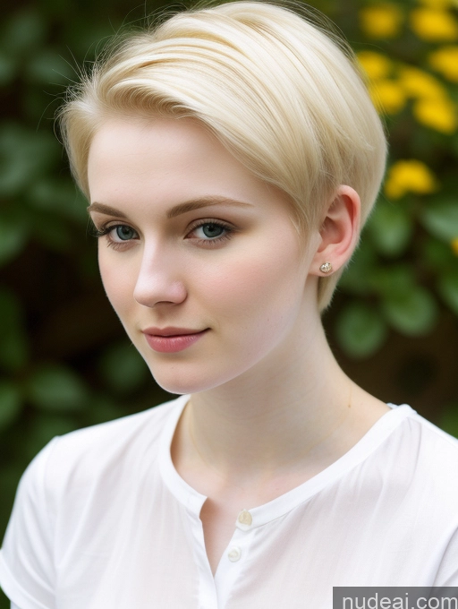 ai nude image of blonde woman with short hair and white shirt looking at camera pics of Woman Beautiful Fairer Skin 18 Blonde Pixie Russian Shirt