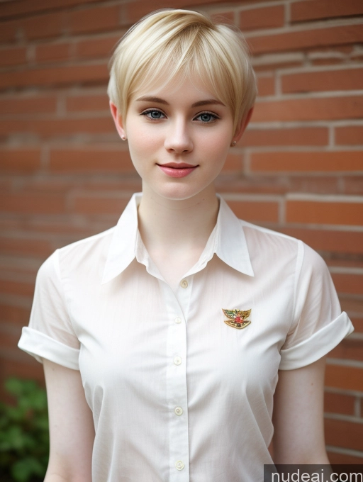 ai nude image of blond woman with short hair wearing a white shirt and a gold brooch pics of Woman Beautiful Fairer Skin 18 Blonde Pixie Russian Shirt