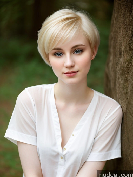 ai nude image of blonde woman with blue eyes leaning against a tree in a white shirt pics of Woman Beautiful Fairer Skin 18 Blonde Pixie Russian Shirt