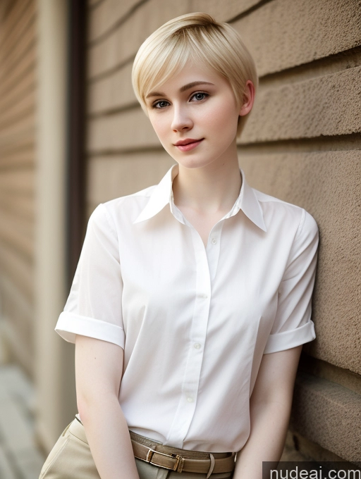 ai nude image of blond woman in white shirt leaning against a wall with her hands on her hips pics of Woman Beautiful Fairer Skin 18 Blonde Pixie Russian Shirt