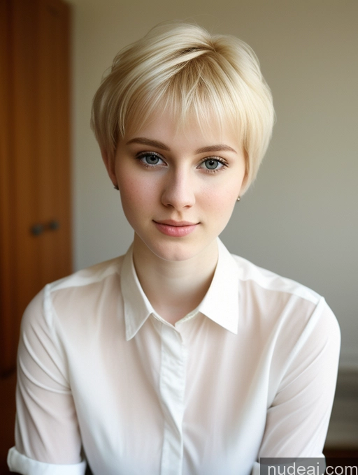 ai nude image of blond woman with short hair wearing a white shirt and looking at the camera pics of Woman Beautiful Fairer Skin 18 Blonde Pixie Russian Shirt