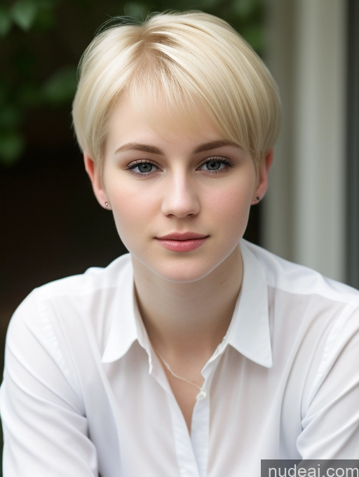 ai nude image of blond woman with short hair wearing a white shirt and looking at the camera pics of Woman Beautiful Fairer Skin 18 Blonde Pixie Russian Shirt Close-up View