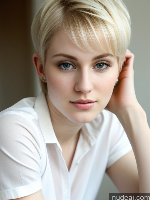 ai nude image of blond woman with short hair and blue eyes posing for a picture pics of Woman Beautiful Fairer Skin 18 Blonde Pixie Russian Shirt Close-up View