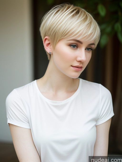 ai nude image of blond woman with short hair wearing white shirt and looking at camera pics of Woman Beautiful Fairer Skin 18 Blonde Pixie Russian Shirt Close-up View