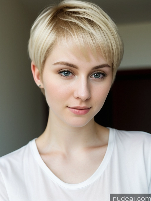 ai nude image of blond woman with short hair and piercings posing for a picture pics of Woman Beautiful Fairer Skin 18 Blonde Pixie Russian Shirt Close-up View