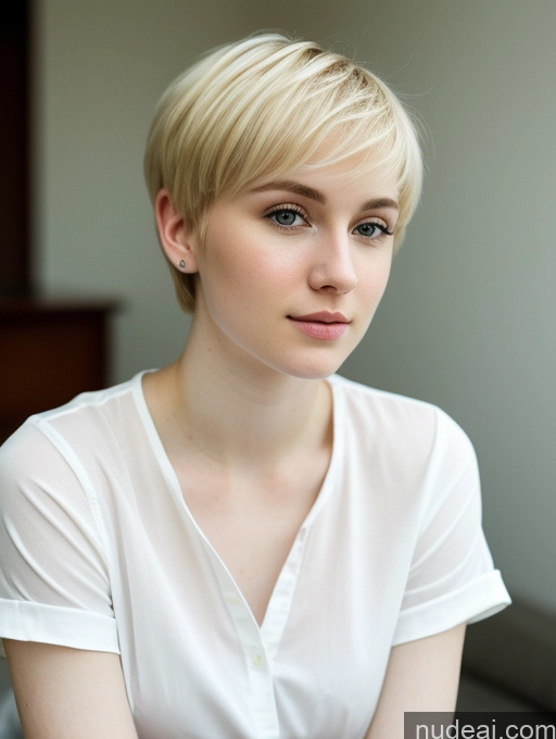 ai nude image of blond woman with short hair sitting on bed looking at camera pics of Woman Beautiful Fairer Skin 18 Blonde Pixie Russian Shirt Close-up View