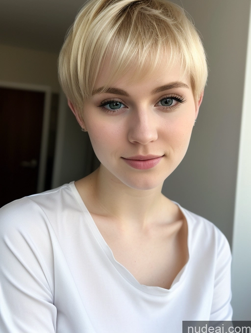 ai nude image of blond woman with short hair and blue eyes posing for a picture pics of Woman Beautiful Fairer Skin 18 Blonde Pixie Russian Close-up View Shirt