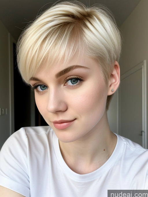 ai nude image of blond woman with short hair and blue eyes in a white shirt pics of Sorority Beautiful Fairer Skin 18 Blonde Pixie Russian Close-up View Shirt