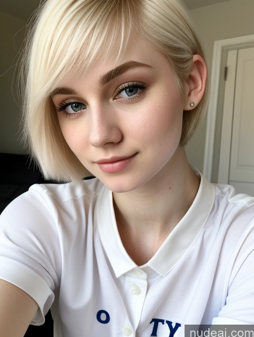 ai nude image of blond woman with blue eyes and a white shirt posing for a picture pics of Sorority Beautiful Fairer Skin 18 Blonde Pixie Russian Close-up View Shirt