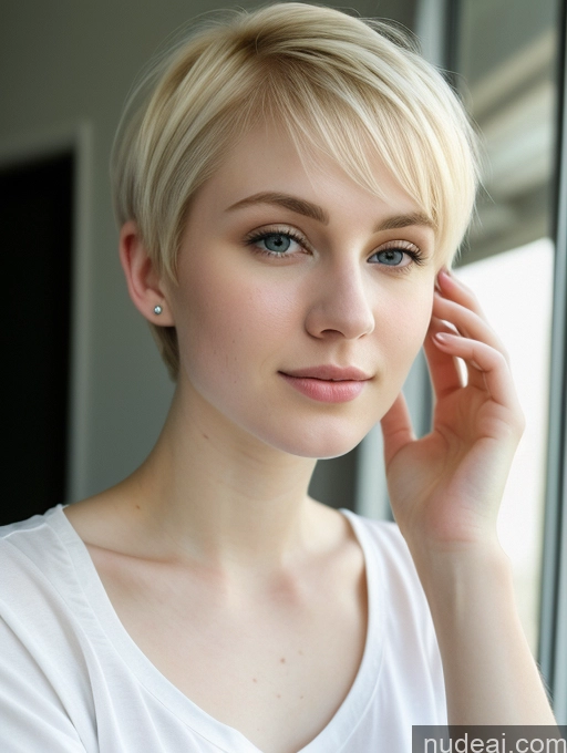 ai nude image of blond woman with short hair and piercings looking out a window pics of Beautiful Fairer Skin 18 Blonde Pixie Russian Close-up View Shirt Woman