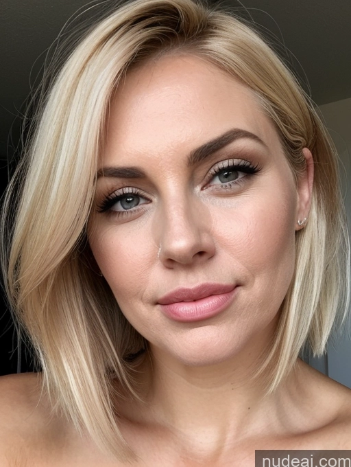 ai nude image of a close up of a woman with a blond bob with a pink lip pics of Close-up View Bending Over Seductive Serious Sad Sexy Face Shocked Laughing Blonde Bobcut Busty Tall Nude Milf Happy Pouting Lips 30s