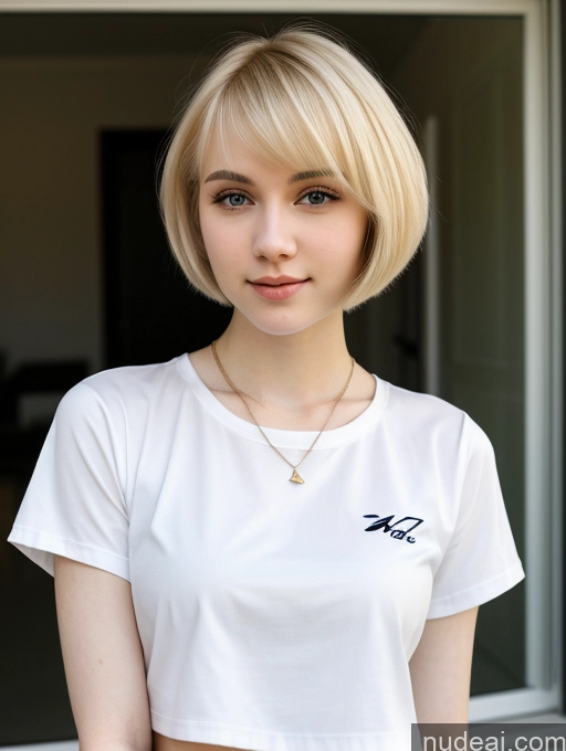 ai nude image of blond woman with short hair wearing a white shirt and a necklace pics of Beautiful Fairer Skin 18 Blonde Short Hair Sorority Russian Close-up View Shirt