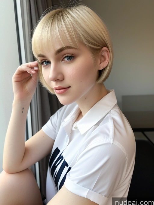 ai nude image of blond woman with short hair sitting by window looking out pics of Beautiful Fairer Skin 18 Blonde Short Hair Sorority Russian Close-up View Shirt