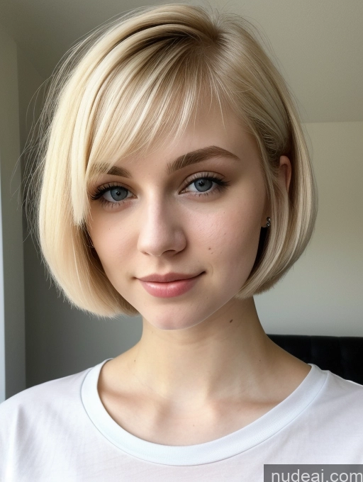 ai nude image of blond woman with short hair and blue eyes posing for a picture pics of Beautiful Fairer Skin 18 Blonde Short Hair Sorority Russian Close-up View Shirt