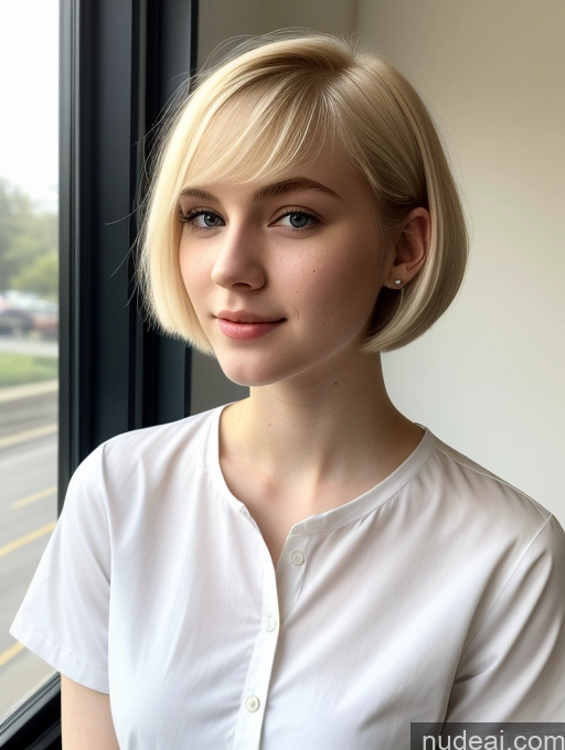 ai nude image of blonde woman with short hair looking out of window at street pics of Beautiful Fairer Skin 18 Blonde Short Hair Sorority Russian Close-up View Shirt