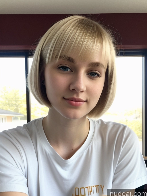 ai nude image of blond woman with short hair and white shirt sitting in front of a window pics of Beautiful Fairer Skin 18 Blonde Short Hair Sorority Russian Close-up View Shirt