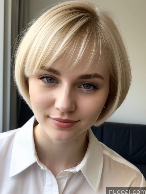 ai nude image of blond woman with short hair and white shirt posing for a picture pics of Beautiful Fairer Skin 18 Blonde Short Hair Sorority Russian Close-up View Shirt