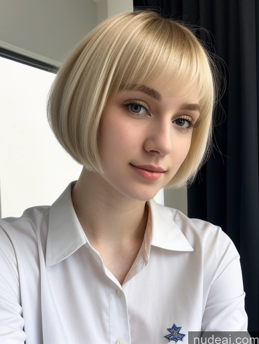 ai nude image of blond woman with short hair wearing a white shirt and blue star brooch pics of Beautiful Fairer Skin 18 Blonde Short Hair Sorority Russian Close-up View Shirt