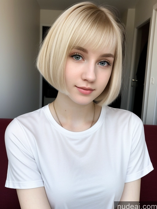 ai nude image of blond woman with short hair and a white shirt sitting on a red couch pics of Beautiful Fairer Skin 18 Blonde Short Hair Sorority Russian Close-up View Shirt