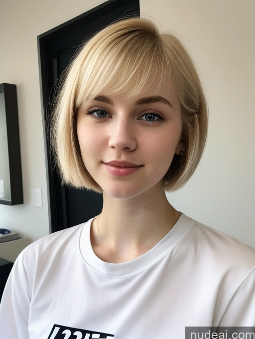 ai nude image of blond woman with short hair wearing a white shirt and a mirror pics of Beautiful Fairer Skin 18 Blonde Short Hair Sorority Russian Close-up View Shirt