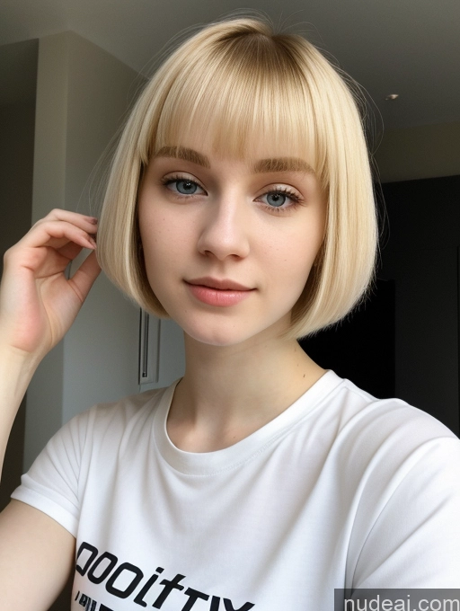 ai nude image of blond woman with short hair wearing a white shirt and looking at the camera pics of Beautiful Fairer Skin 18 Blonde Short Hair Sorority Russian Close-up View Shirt