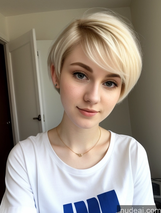 ai nude image of blond woman with short hair wearing a white shirt and a necklace pics of Beautiful Fairer Skin 18 Blonde Sorority Russian Close-up View Shirt Pixie