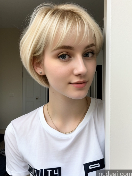 ai nude image of blond woman with short hair wearing a white shirt and looking at the camera pics of Beautiful Fairer Skin 18 Blonde Sorority Russian Close-up View Shirt Pixie