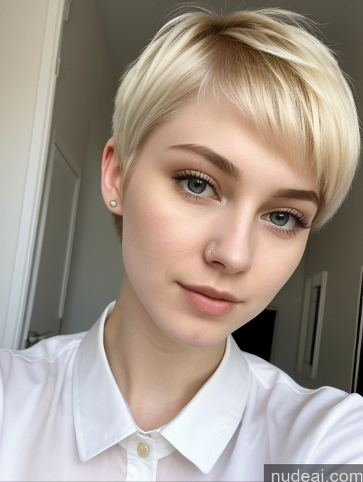 ai nude image of blond woman with short hair and piercings taking a selfie pics of Beautiful Fairer Skin 18 Blonde Sorority Russian Close-up View Shirt Pixie