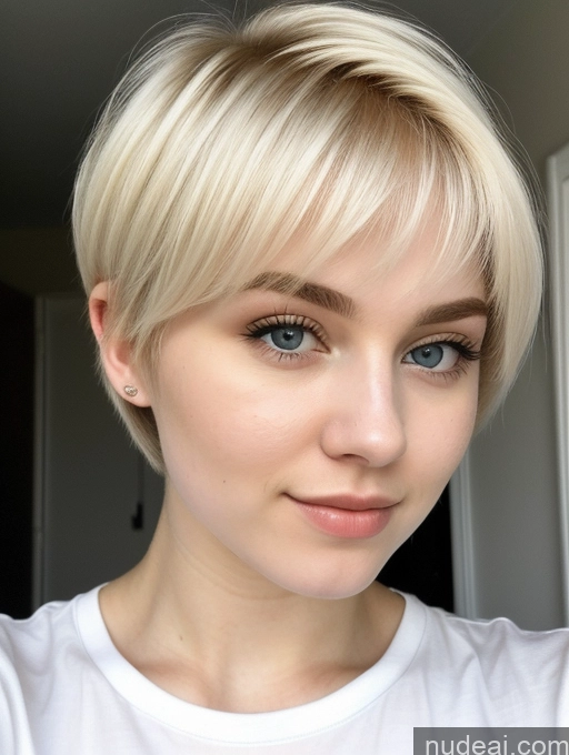 ai nude image of blond woman with short hair and blue eyes taking a selfie pics of Beautiful Fairer Skin 18 Blonde Sorority Russian Close-up View Shirt Pixie