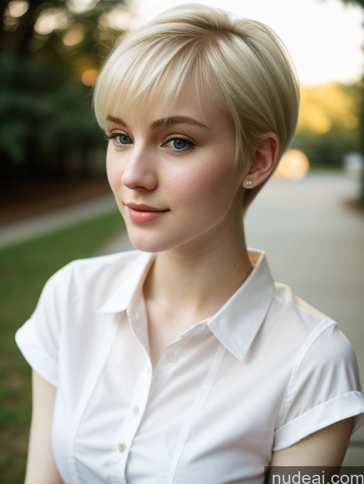 ai nude image of blond woman with short hair wearing white shirt and earrings pics of Beautiful Fairer Skin 18 Blonde Sorority Russian Close-up View Shirt Pixie