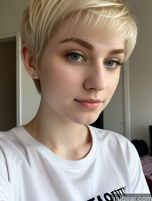 ai nude image of blond woman with short hair wearing a white shirt and piercings pics of Beautiful Fairer Skin 18 Blonde Sorority Russian Close-up View Shirt Pixie