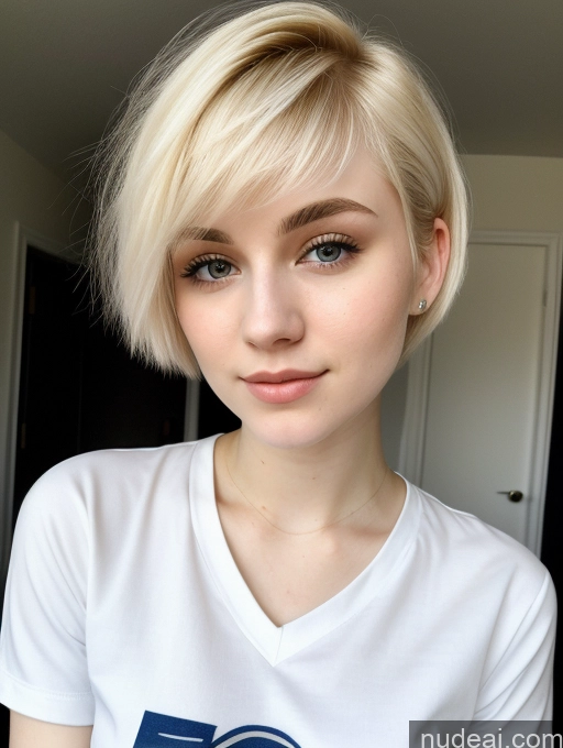 ai nude image of blond woman with short hair wearing a white shirt and looking at the camera pics of Beautiful Fairer Skin 18 Blonde Sorority Russian Close-up View Shirt Pixie