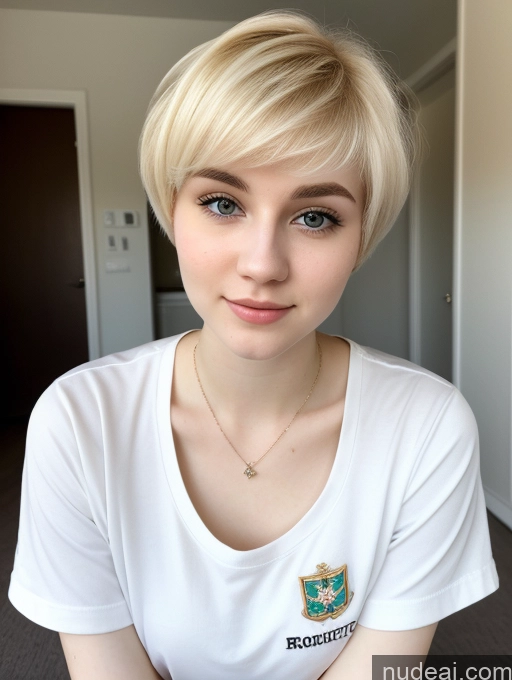 ai nude image of blond woman with short hair and a white shirt posing for a picture pics of Beautiful Fairer Skin 18 Blonde Sorority Russian Close-up View Shirt Pixie