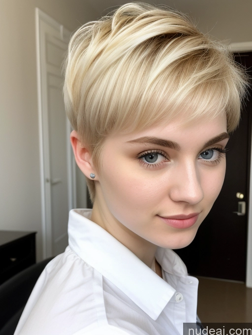 ai nude image of blond woman with short hair and blue eyes posing for a picture pics of Beautiful Fairer Skin 18 Blonde Sorority Russian Close-up View Shirt Pixie