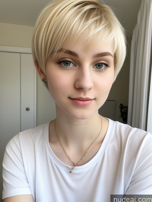 ai nude image of blond woman with short hair and a white shirt posing for a picture pics of Beautiful Fairer Skin 18 Blonde Sorority Russian Close-up View Shirt Pixie