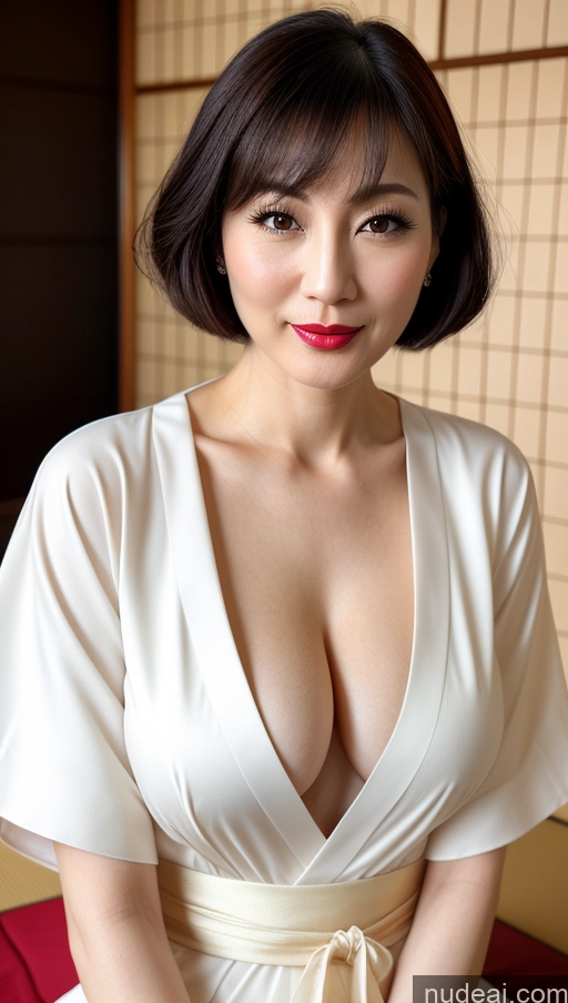 related ai porn images free for Woman One Beautiful Lipstick Fairer Skin Black Hair Close-up View Japanese Detailed Simple 40s Perfect Boobs Bobcut Kimono Cleavage