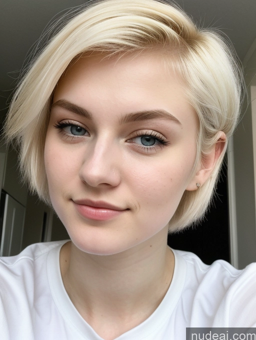 ai nude image of blond woman with short hair and blue eyes posing for a picture pics of Beautiful Fairer Skin 18 Blonde Sorority Russian Close-up View Shirt Pixie