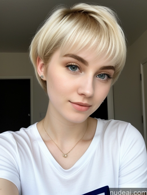 ai nude image of blond woman with short hair wearing a white shirt and a necklace pics of Beautiful Fairer Skin 18 Blonde Sorority Russian Close-up View Shirt Pixie