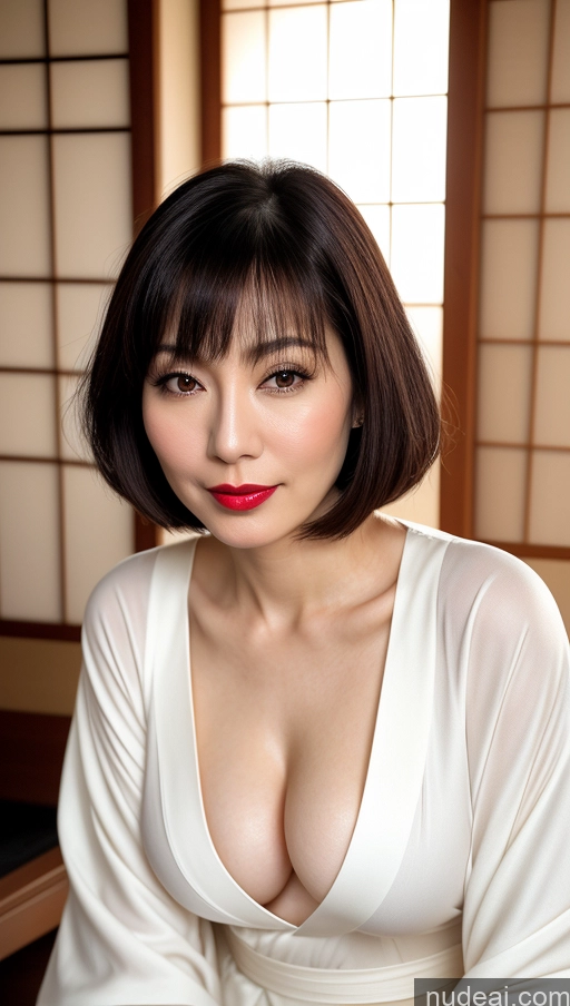 related ai porn images free for Woman One Beautiful Lipstick Fairer Skin Black Hair Close-up View Japanese Detailed Simple 40s Perfect Boobs Bobcut Kimono Cleavage