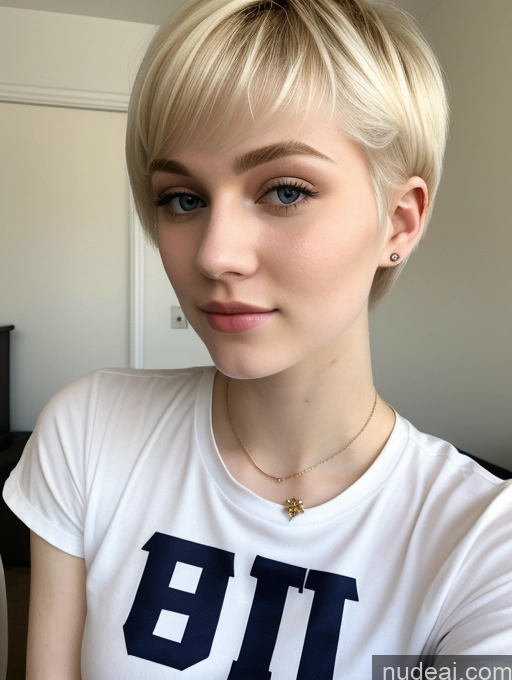 ai nude image of blond woman with short hair wearing a white shirt and a necklace pics of Beautiful Fairer Skin 18 Blonde Sorority Russian Close-up View Shirt Pixie