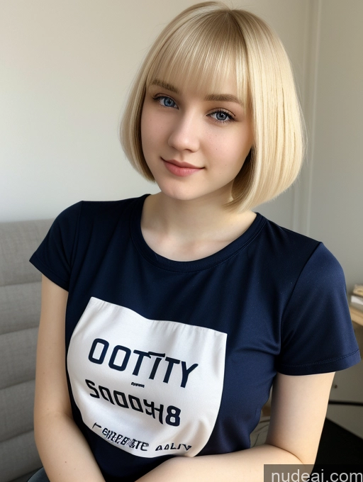 ai nude image of blond woman with blue eyes and a white t - shirt with the words potty bhazing on it pics of Beautiful Fairer Skin 18 Blonde Sorority Russian Close-up View Shirt Short Hair