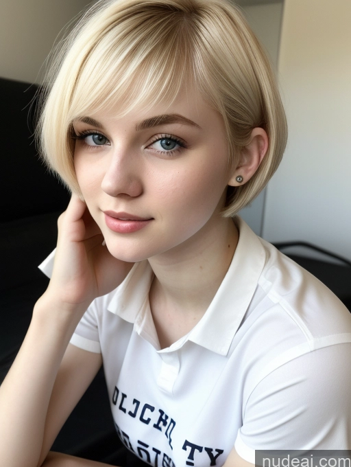 ai nude image of blond woman with blue eyes and a white shirt sitting on a couch pics of Beautiful Fairer Skin 18 Blonde Sorority Russian Close-up View Shirt Short Hair