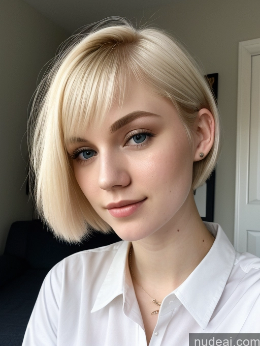 ai nude image of blond woman with short hair and blue eyes wearing a white shirt pics of Beautiful Fairer Skin 18 Blonde Sorority Russian Close-up View Shirt Short Hair