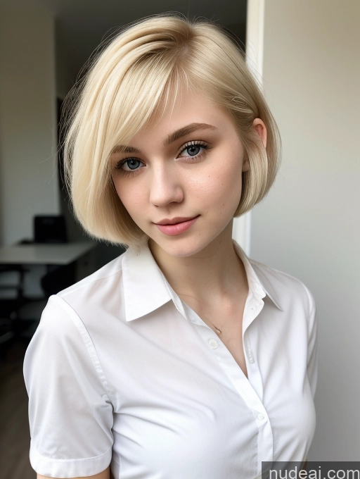 ai nude image of blond woman with short hair and white shirt posing for a picture pics of Beautiful Fairer Skin 18 Blonde Sorority Russian Close-up View Shirt Short Hair