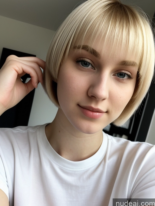 ai nude image of blond woman with short hair and white shirt posing for a picture pics of Beautiful Fairer Skin 18 Blonde Sorority Russian Close-up View Shirt Short Hair